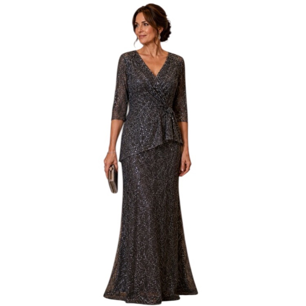 Marina Pewter Grey Lace Sequins 3/4 sleeve Ruffle Mermaid Flare Hem Gown Sz 8